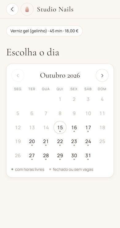 Página de marcação do Studio Nails: a cliente escolhe o dia